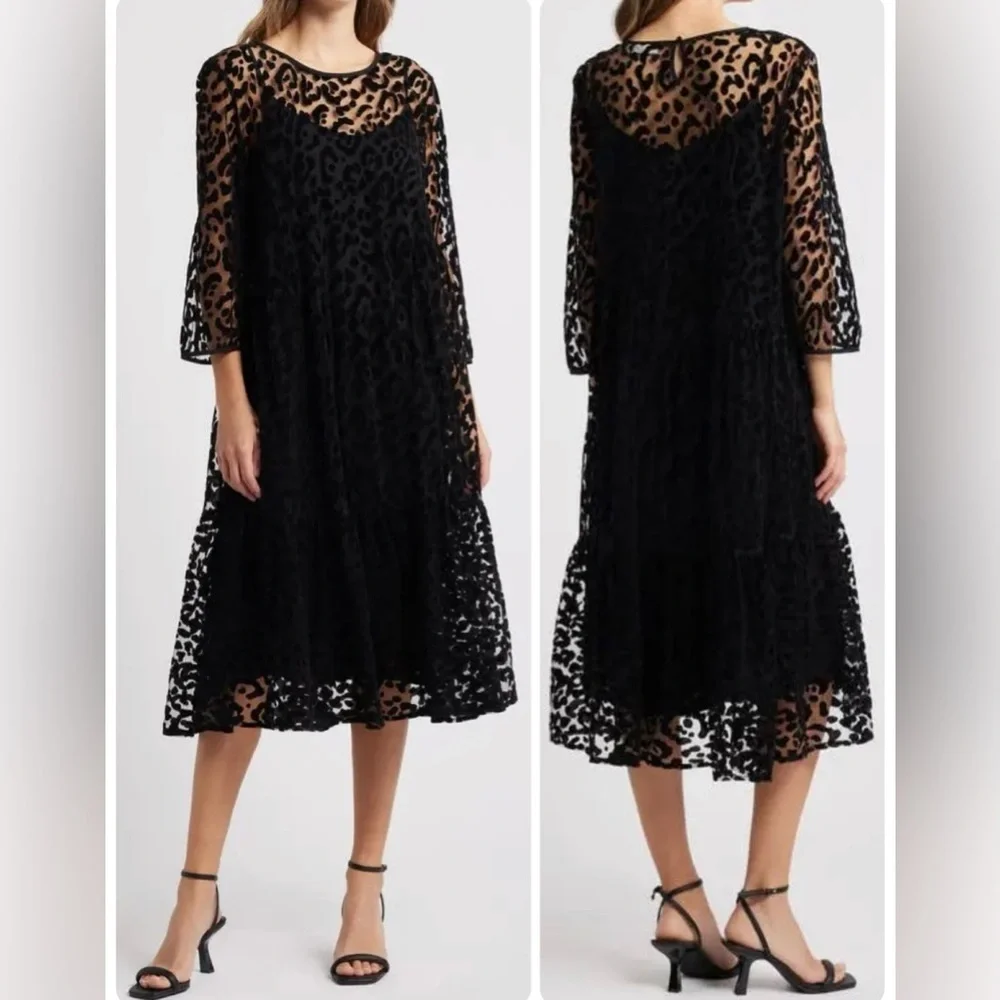 MASAI COPENHAGEN Otilo Leopard Velvet Jacquard Sheer Mesh Midi Dress